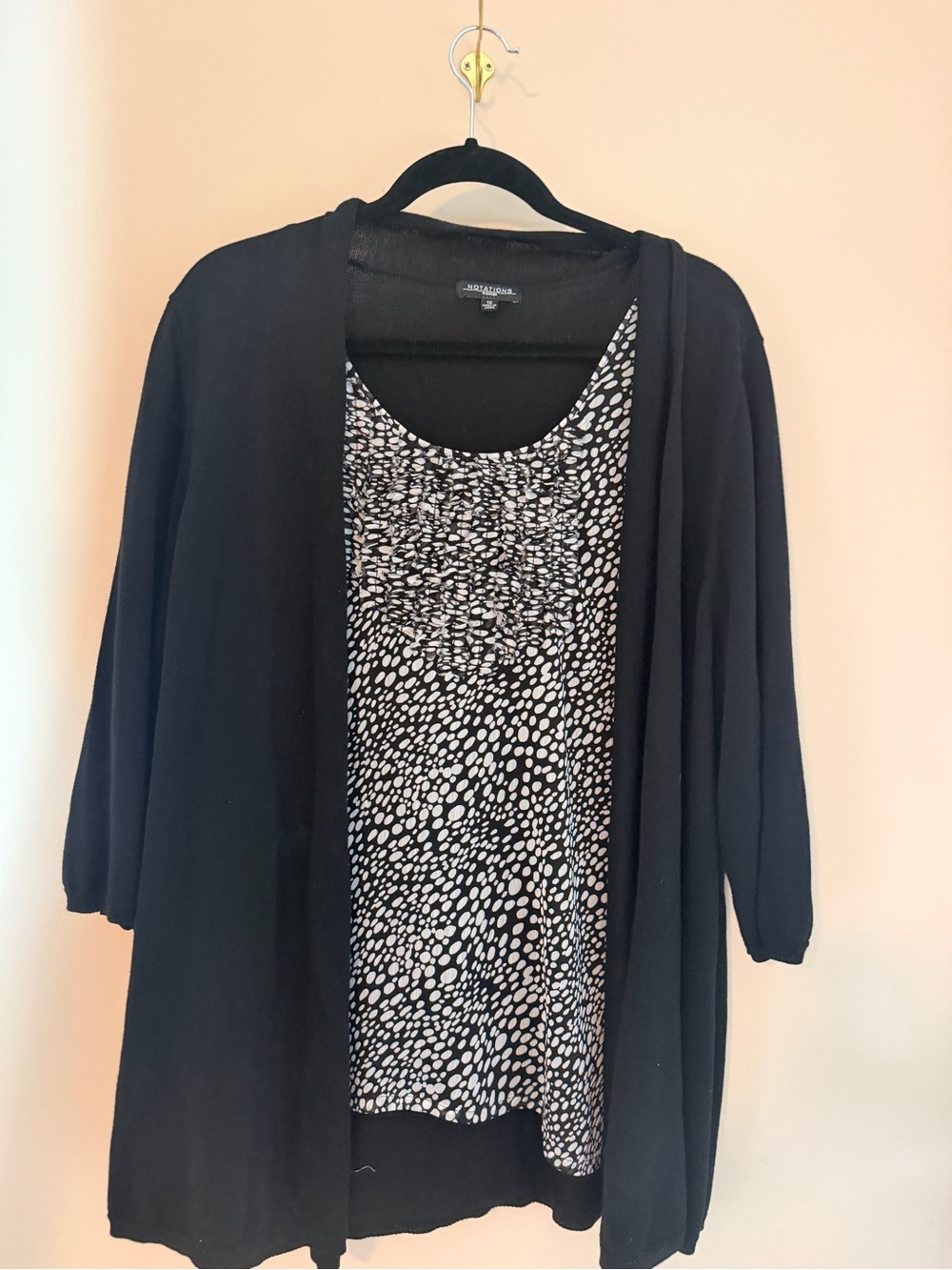 Notations Black Open-Front Cardigan with Black & White Printed Shell